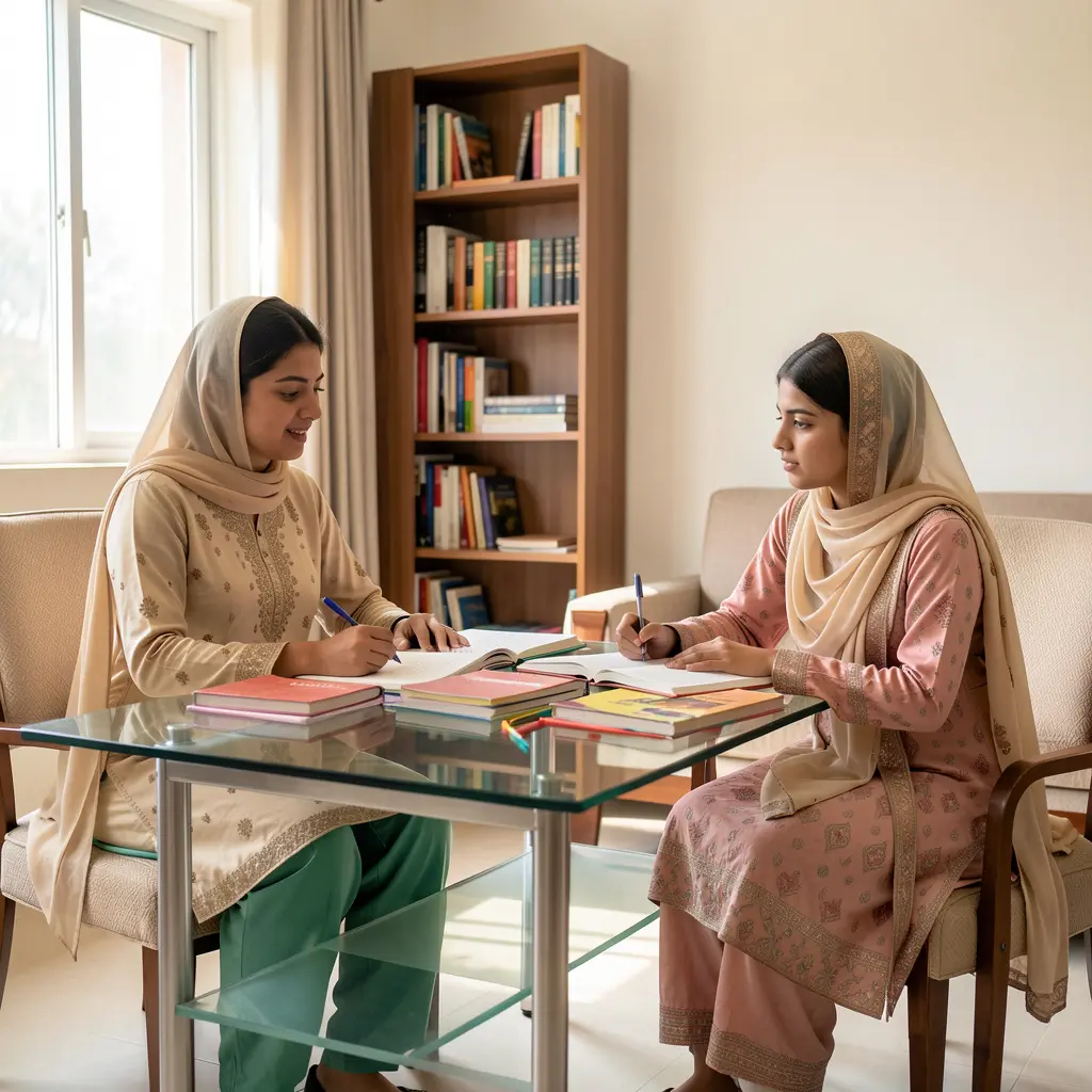 Math female tutor in Islamabad teaches a student at her home