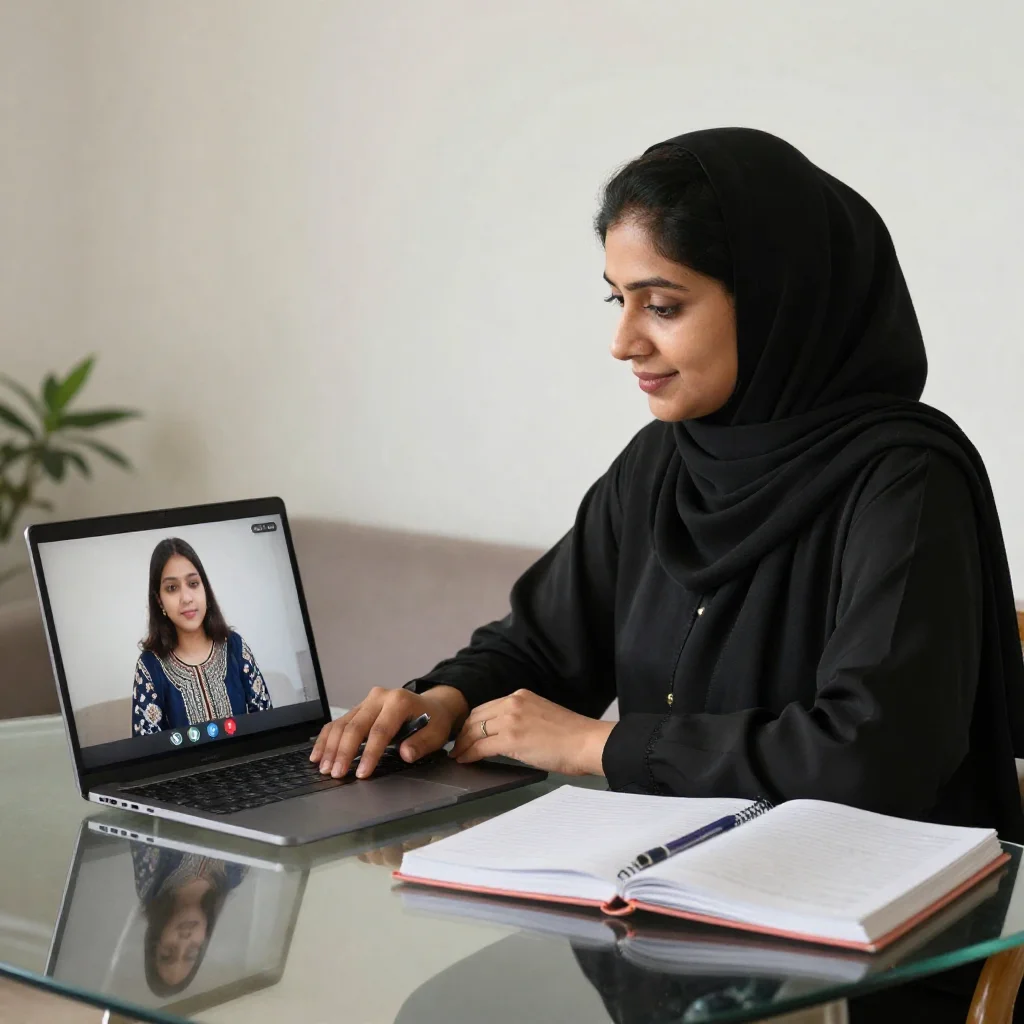 Online female Quran tutor in tutoring a student at Microsoft team
