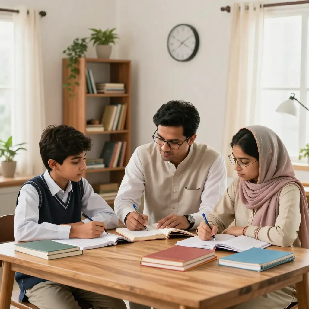 A level tutor teaching A level physics to sister and brother student
