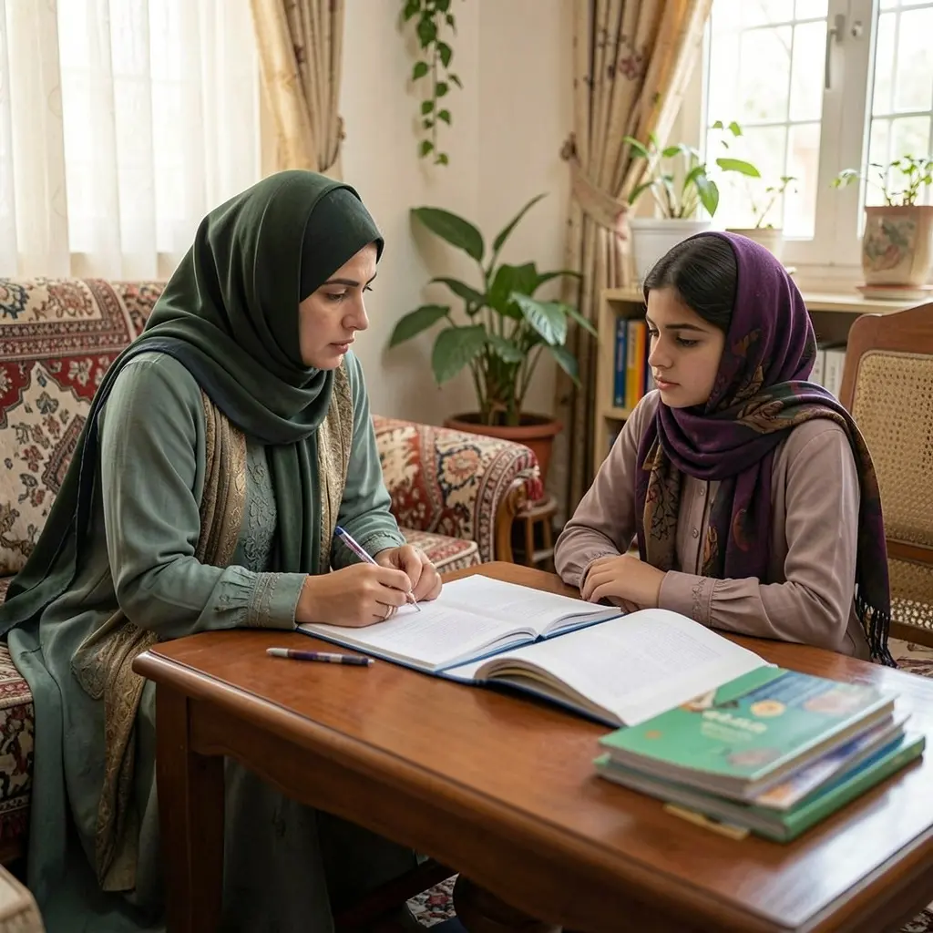 Female math tutor teaching the student at his home
